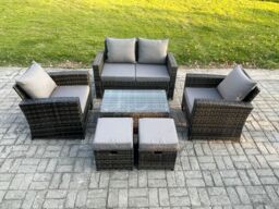 Fimous 6 Seater Outdoor Lounge Sofa Set Wicker PE Rattan Garden Furniture Set with Rectangular Coffee Table Double Seat Sofa in Dark Grey - thumbnail 1