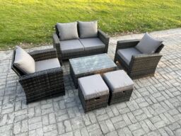 Fimous 6 Seater Outdoor Lounge Sofa Set Wicker PE Rattan Garden Furniture Set with Rectangular Coffee Table Double Seat Sofa in Dark Grey - thumbnail 2