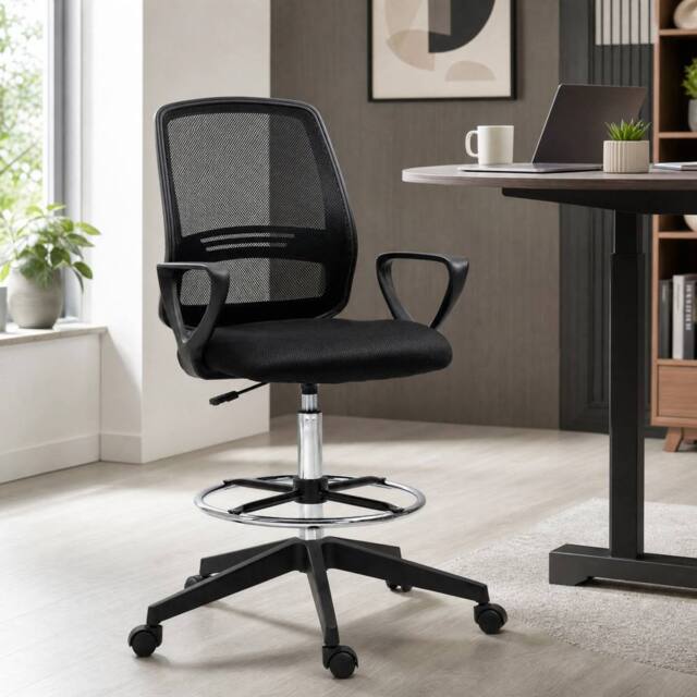STILVORA Tall Mesh Draughtsman Chair with Footrest, Black - image 1