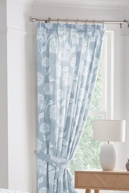 Dreams & Drapes 'Chrysanthemum' Floral Print Lined Pair of Pencil Pleat Curtains With Tie-Backs in Blue - Size: 168 cm width x 183 cm drop - image 1