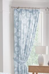Dreams & Drapes 'Chrysanthemum' Floral Print Lined Pair of Pencil Pleat Curtains With Tie-Backs in Blue - Size: 168 cm width x 183 cm drop - thumbnail 1