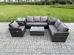 Fimous Patio Garden Furniture Sets Wicker Outdoor Rattan Furniture Sofa Sets with Rectangular Coffee Table Reclining Chair in Dark Grey - thumbnail 1