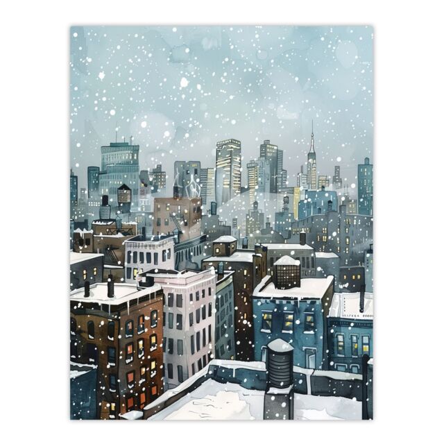 "Artery8 New York City Rooftops Winter Snow Cityscape Wall Art Print in Blue - Size: W24"" x H32""" - image 1