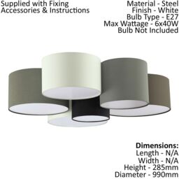 Loops 2 PACK Wall Flush Ceiling Light White Shade Brown Grey White Black Fabric 6x E27 - thumbnail 2