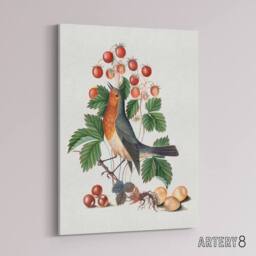 "Artery8 Robin Bird & Wild Strawberry Plant Bolton Canvas Wall Art in White - Size: W18"" x H24""" - thumbnail 2