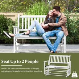 Costway 2 Seats Outdoor Glider Bench Poplar Wood Patio Swing Glider Loveseat Chair with Armrests in White - thumbnail 3