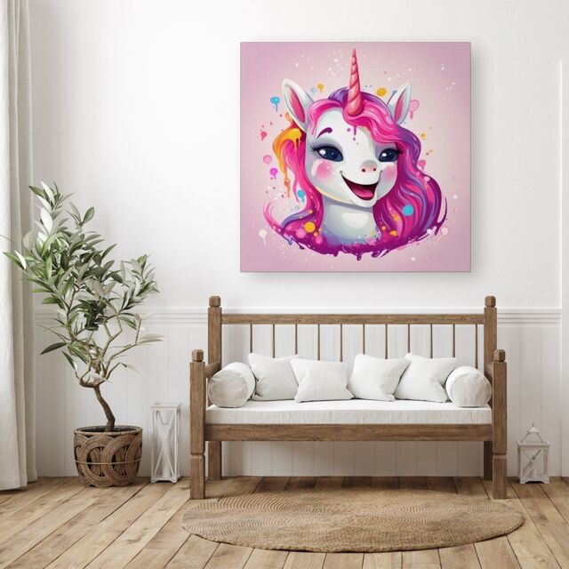 "Warren Reed - Designer Happy Unicorn Splashart Canvas in Pink - Size: W30"" x H30""" - image 1