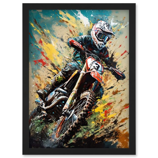 Artery8 Motocross Race Sport Driver Action Shot Painting Artwork Framed Wall Art Print A4 in Black - image 1