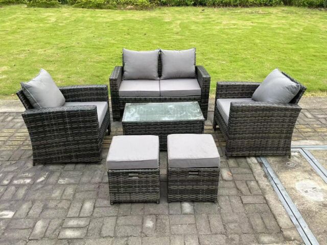 Fimous 6 Seater Dark Grey Mixed High Back Rattan Sofa Set Rectangular Coffee Table Garden Furniture Outdoor 2 Stools - image 1