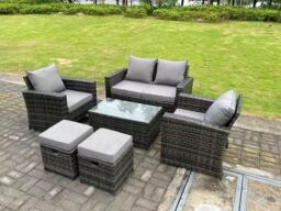 Fimous 6 Seater Dark Grey Mixed High Back Rattan Sofa Set Rectangular Coffee Table Garden Furniture Outdoor 2 Stools - thumbnail 2