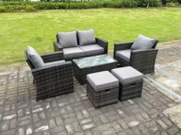 Fimous 6 Seater Dark Grey Mixed High Back Rattan Sofa Set Rectangular Coffee Table Garden Furniture Outdoor 2 Stools - thumbnail 3