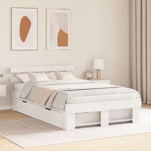 Berkfield Home White Bed Frame with Drawers - 135x190 cm Solid Pine Wood - image 1