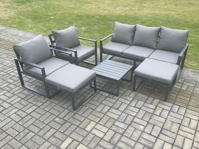 Fimous Aluminium Outdoor Lounge Sofa Set Garden Furniture Sets with Square Coffee Table 2 Chairs 2 Big Footstools Dark Grey 7 Seater - image 1