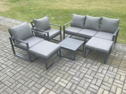 Fimous Aluminium Outdoor Lounge Sofa Set Garden Furniture Sets with Square Coffee Table 2 Chairs 2 Big Footstools Dark Grey 7 Seater - thumbnail 1