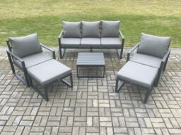Fimous Aluminium Outdoor Lounge Sofa Set Garden Furniture Sets with Square Coffee Table 2 Chairs 2 Big Footstools Dark Grey 7 Seater - thumbnail 2