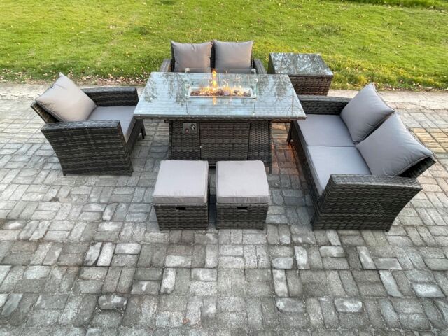 Fimous Rattan Outdoor Garden Furniture Gas Fire Pit Table Sets Gas Heater with Love Sofa Armchair Side Table 2 Small Footstools 7 Seater in Dark Grey