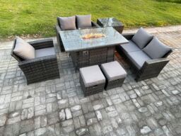 Fimous Rattan Outdoor Garden Furniture Gas Fire Pit Table Sets Gas Heater with Love Sofa Armchair Side Table 2 Small Footstools 7 Seater in Dark Grey - thumbnail 2