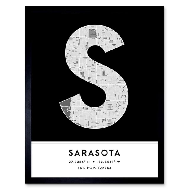 "Wee Blue Coo Wall Art Print Sarasota Florida United States City Map Modern Typography Stylish Letter Framed Word in Black - Size: W12"" x H16""" - image 1