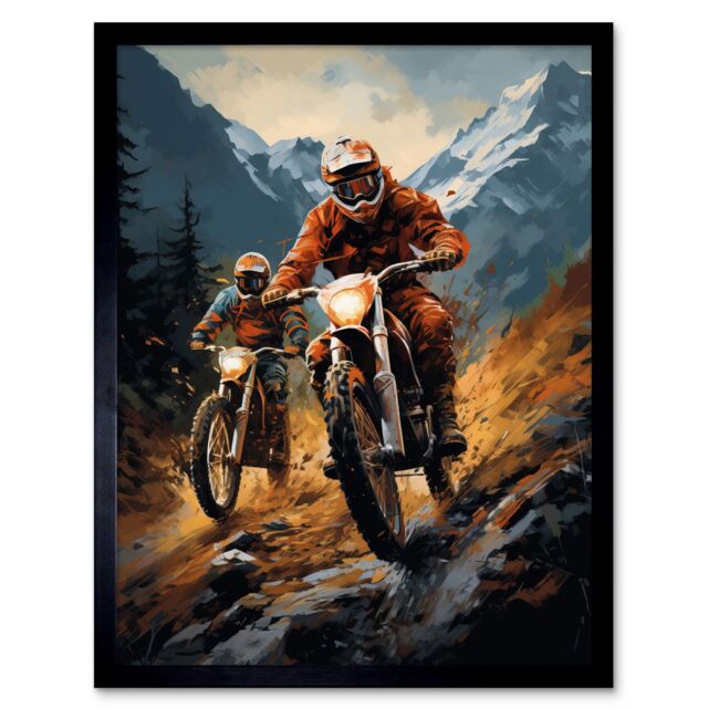 "Artery8 Wall Art Print Motocross Bikers Racing Action Shot Oil Painting Stone Blue Orange Scenic Mountain Landscape Art Framed - Size: W12"" x H16""" - image 1