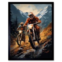 "Artery8 Wall Art Print Motocross Bikers Racing Action Shot Oil Painting Stone Blue Orange Scenic Mountain Landscape Art Framed - Size: W12"" x H16""" - thumbnail 1