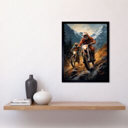 "Artery8 Wall Art Print Motocross Bikers Racing Action Shot Oil Painting Stone Blue Orange Scenic Mountain Landscape Art Framed - Size: W12"" x H16""" - thumbnail 2