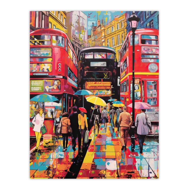 Artery8 Wall Art Print London Street In Neon Colours Oil Painting Rainy Day In Busy City Centre Street Vibrant Colourful Bold Pop Art Modern Painting - image 1