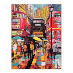 Artery8 Wall Art Print London Street In Neon Colours Oil Painting Rainy Day In Busy City Centre Street Vibrant Colourful Bold Pop Art Modern Painting - thumbnail 1