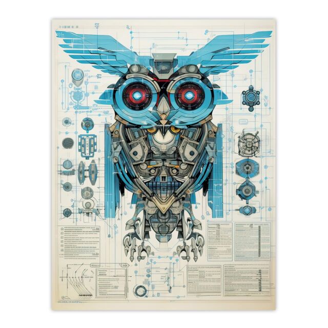 "Artery8 Wall Art Print Owl Robot Machine Schematic Diagram Engineering Page Blue Gold Futuristic Technology Design Poster - Size: W18"" x H24""" - image 1
