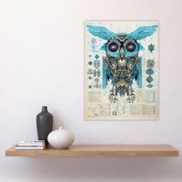 "Artery8 Wall Art Print Owl Robot Machine Schematic Diagram Engineering Page Blue Gold Futuristic Technology Design Poster - Size: W18"" x H24""" - thumbnail 4