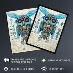 "Artery8 Wall Art Print Owl Robot Machine Schematic Diagram Engineering Page Blue Gold Futuristic Technology Design Poster - Size: W18"" x H24""" - thumbnail 2