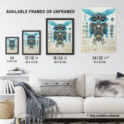 "Artery8 Wall Art Print Owl Robot Machine Schematic Diagram Engineering Page Blue Gold Futuristic Technology Design Poster - Size: W18"" x H24""" - thumbnail 3