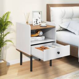 Gymax Nightstand Bedside Table End Table with Drawer & Open Storage Shelf in White - thumbnail 3
