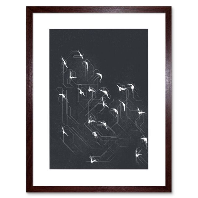 "Artery8 Wall Art Print Flock of Birds Silhouette Lines Artwork Framed 9X7 Inch in Brown - Size: W7"" x H9""" - image 1