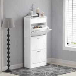 KORVIXA Marble White Shoe Cabinet with 4 Drawers Storage Cupboard - Size: 100 cm - thumbnail 4