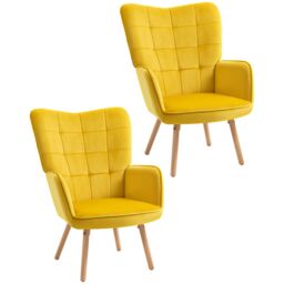 HOMCOM Modern Accent Chair Velvet-Touch Tufted Wingback Armchair Set of 2 in Yellow - thumbnail 2