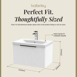 Balterley Fluted Front Wall Hung 1 Drawer Vanity Basin Unit, Satin White, 600mm in White - thumbnail 5
