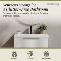 Balterley Fluted Front Wall Hung 1 Drawer Vanity Basin Unit, Satin White, 600mm in White - thumbnail 3