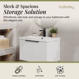Balterley Fluted Front Wall Hung 1 Drawer Vanity Basin Unit, Satin White, 600mm in White - thumbnail 2