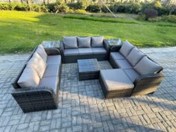 Fimous Rattan Outdoor Furniture Set Patio Garden Sofa Set with Square Coffee Table Big Footstool 2 Side Tables Dark Grey Mixed - thumbnail 2