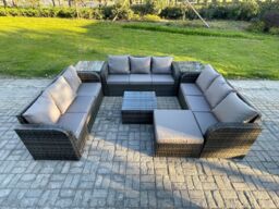 Fimous Rattan Outdoor Furniture Set Patio Garden Sofa Set with Square Coffee Table Big Footstool 2 Side Tables Dark Grey Mixed - thumbnail 1