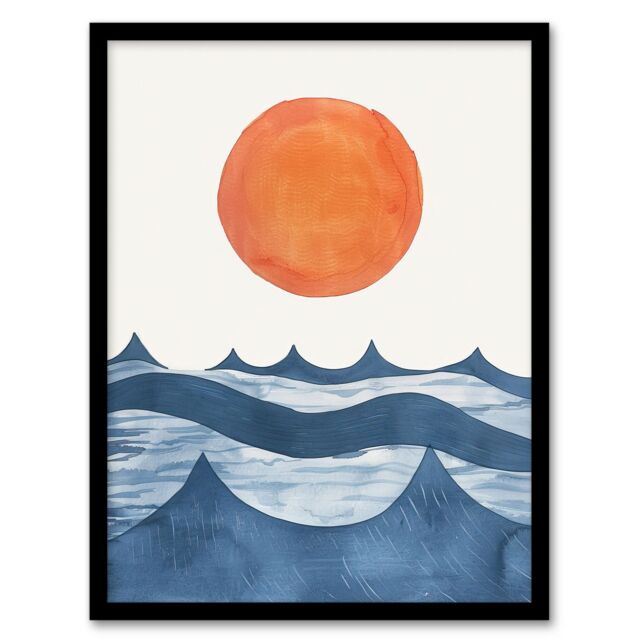 "Artery8 Summer Sun Over Ocean Waves Abstract Watercolour Framed Art Print in Orange - Size: W12"" x H16""" - image 1