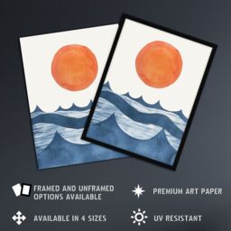 "Artery8 Summer Sun Over Ocean Waves Abstract Watercolour Framed Art Print in Orange - Size: W12"" x H16""" - thumbnail 2