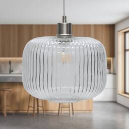 First Choice Lighting Batley Large - Clear Ribbed Glass with Satin Nickel Pendant Fitting - thumbnail 3