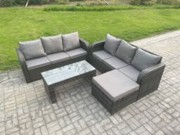 Fimous Outdoor Lounge Sofa Set Rattan Garden Furniture Set with Rectangular Coffee Table Big Footstool in Dark Grey - thumbnail 2