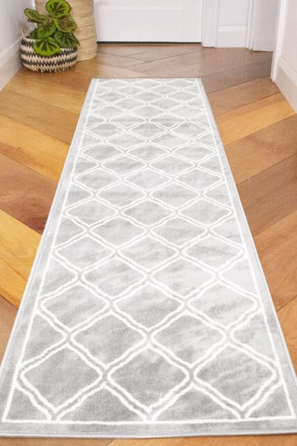 Kukoon Runner Rug Grey Modern Trellis Bordered Long Hallway Rugs - Size: 60 cm x 240 cm - image 1