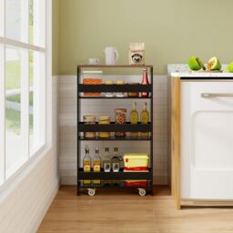 Costway 3-tier Slim Storage Cart Narrow Rolling Kitchen Serving Cart w/ Open Shelves - thumbnail 3