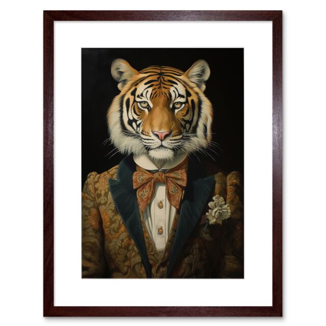 Artery8 Wall Art Print Victorian Tiger in William Morris Style Pattern Dinner Jacket Conceptual Portrait Artwork Elegant Floral Pattern Bow Tie & - image 1