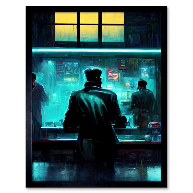 "Artery8 Wall Art Print Nighthawks Style Futuristic Cyber Noir Bar Art Framed in Black - Size: W12"" x H16""" - image 1