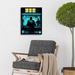 "Artery8 Wall Art Print Nighthawks Style Futuristic Cyber Noir Bar Art Framed in Black - Size: W12"" x H16""" - thumbnail 2