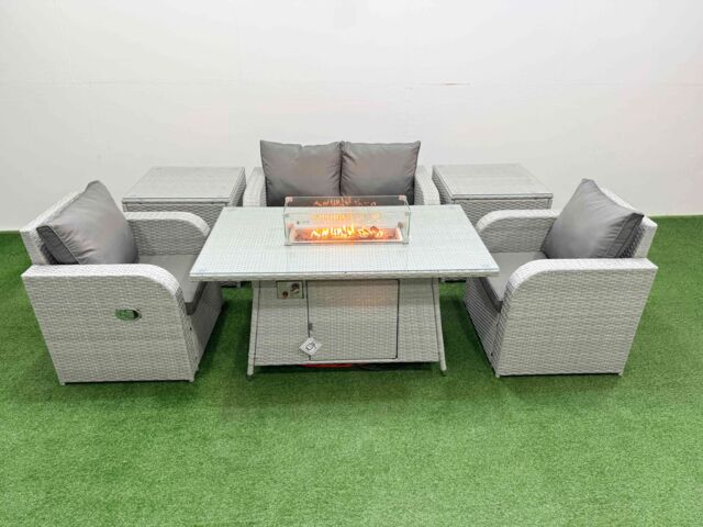 Fimous Light Grey PE Wicker Rattan Garden Furniture Set Sofa Set Reclining Chair Firepit Dining Table 4 Seater With 2 Side Table - image 1